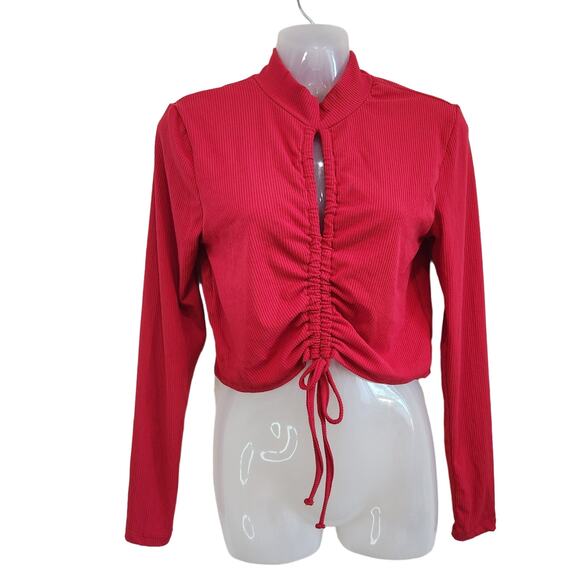 Full Circle Trends Ribbed Long Sleeve Cropped Top Ruched Tie Front Red Size L - Picture 1 of 9